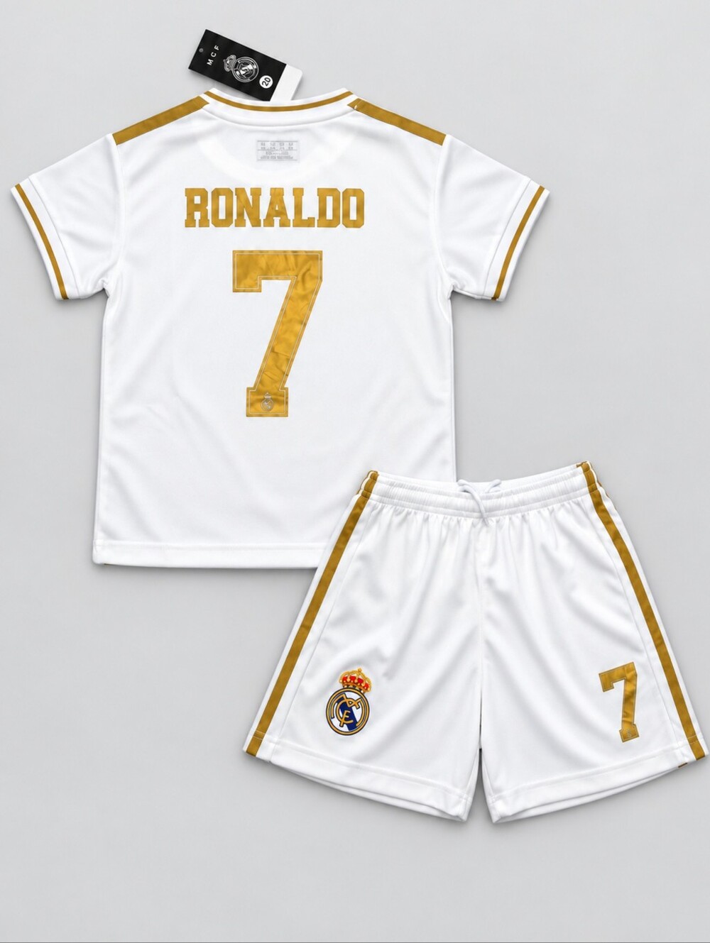 Kids Ronaldo 7 Real Madrid White Gold Soccer Jersey Shorts Set Youth Boys Girls